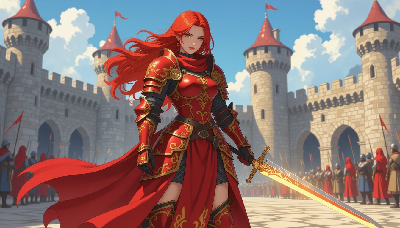 Anime Knight in Crimson Armor on Battlefield