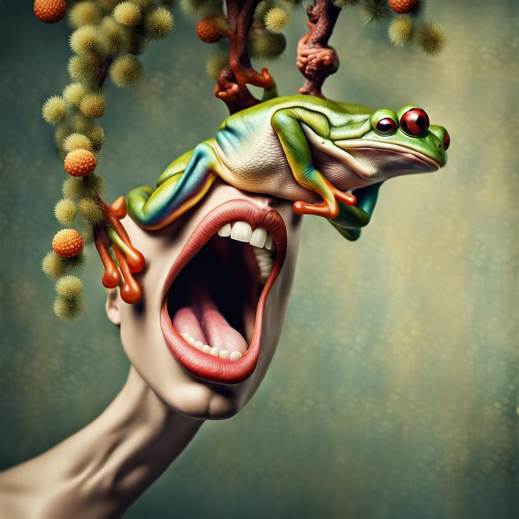 Woman with 3D Frog in Vintage Photo