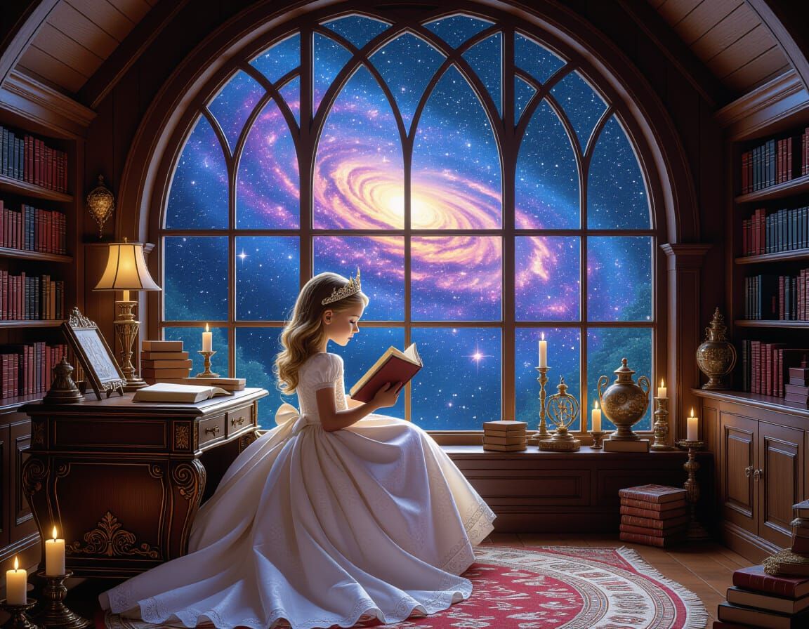 Magical Princess Reading Under Nebula Sky