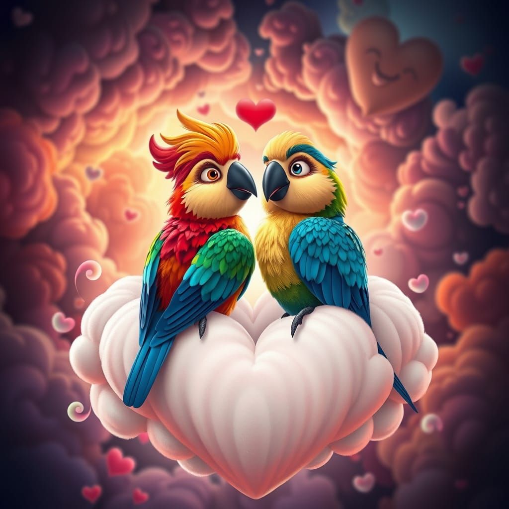 A cartoon couple of Love Birds sitting on a heart shaped clo...