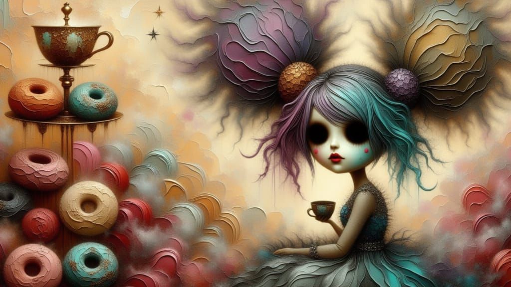 Whimsical Woman with Donuts in Surreal Style