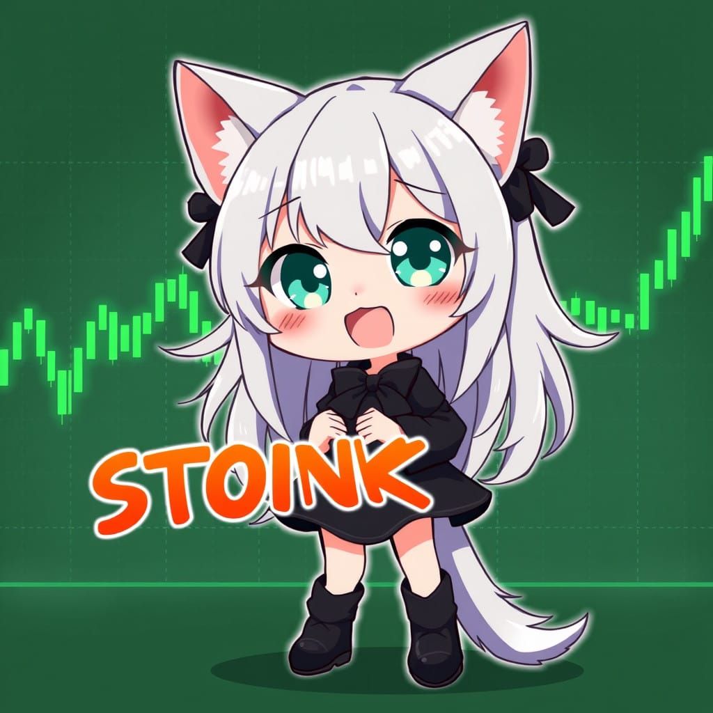 Anime Catgirl Celebrates STONKS in Vibrant Nighttime Setting