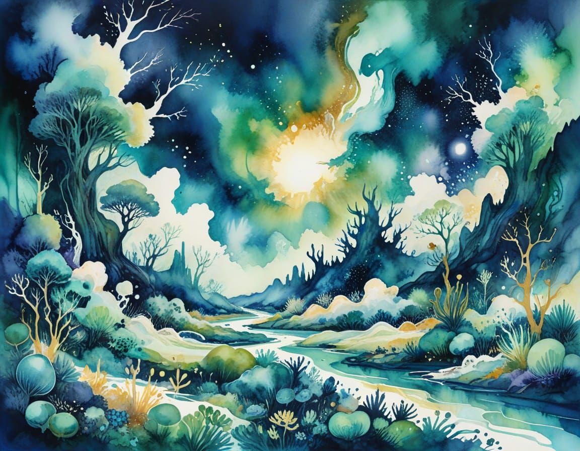 Watercolor Painting of an Alien Landscape in Maximalist Styl...