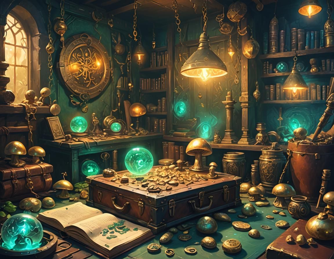 Mystical Gaming Room with Ancient Artifacts: Fantasy Art