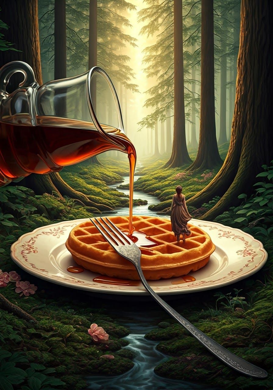 Surreal Waffle and Maple Syrup River Scene