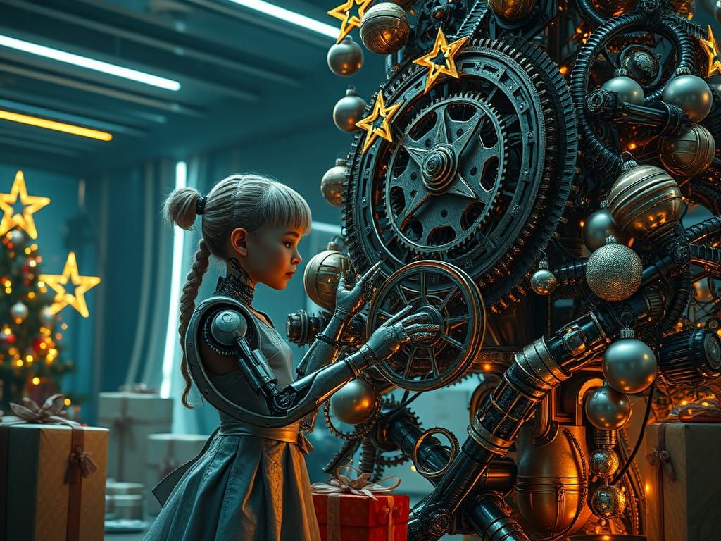 Mechanical Christmas Girl Adorns Futuristic Tree with Intric...