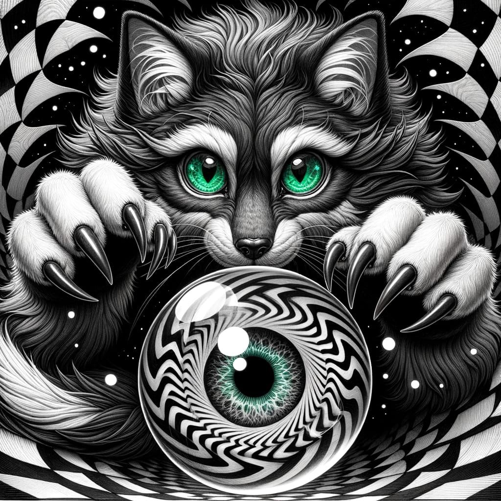 Anthropomorphic Cat in Whimsical Black and White Pencil Sket...