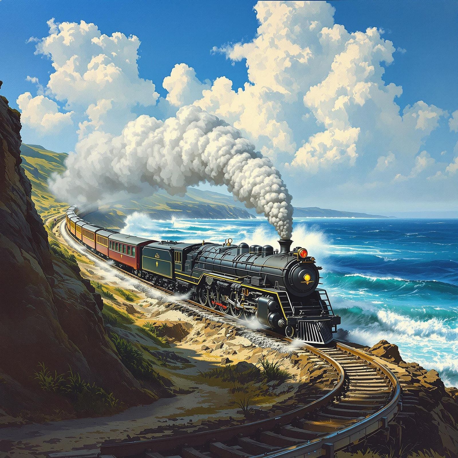 Majestic Train Chugs Along Coastal Tracks in Vibrant, Atmosp...