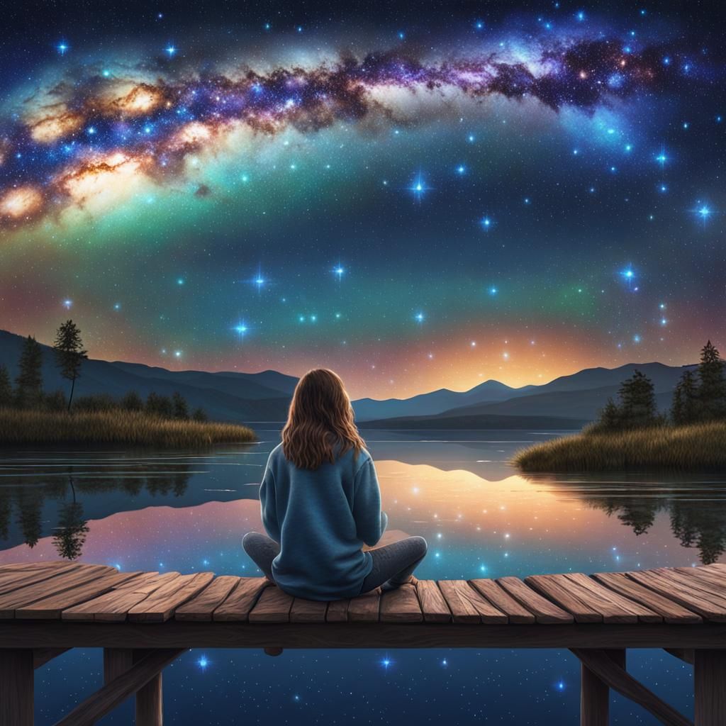 Girl Gazing at Starry Night Sky