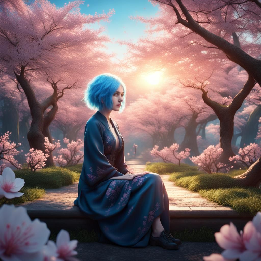 Blue-Haired Woman in Cherry Blossom Garden