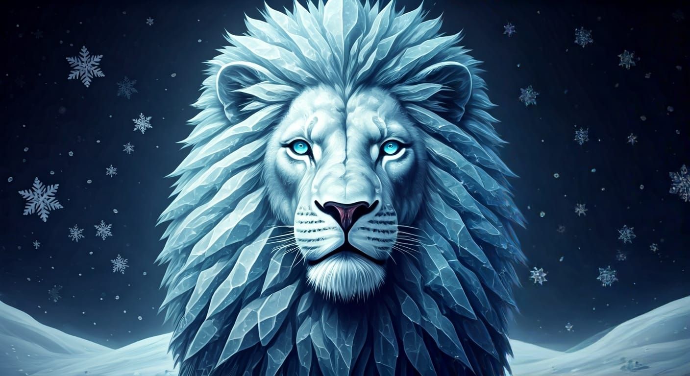 Ice Lion with Glowing Fractures in Ethereal Style