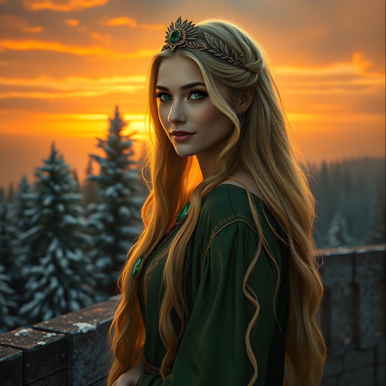 Norse Goddess in Emeralds at Sunset, Oil Painting