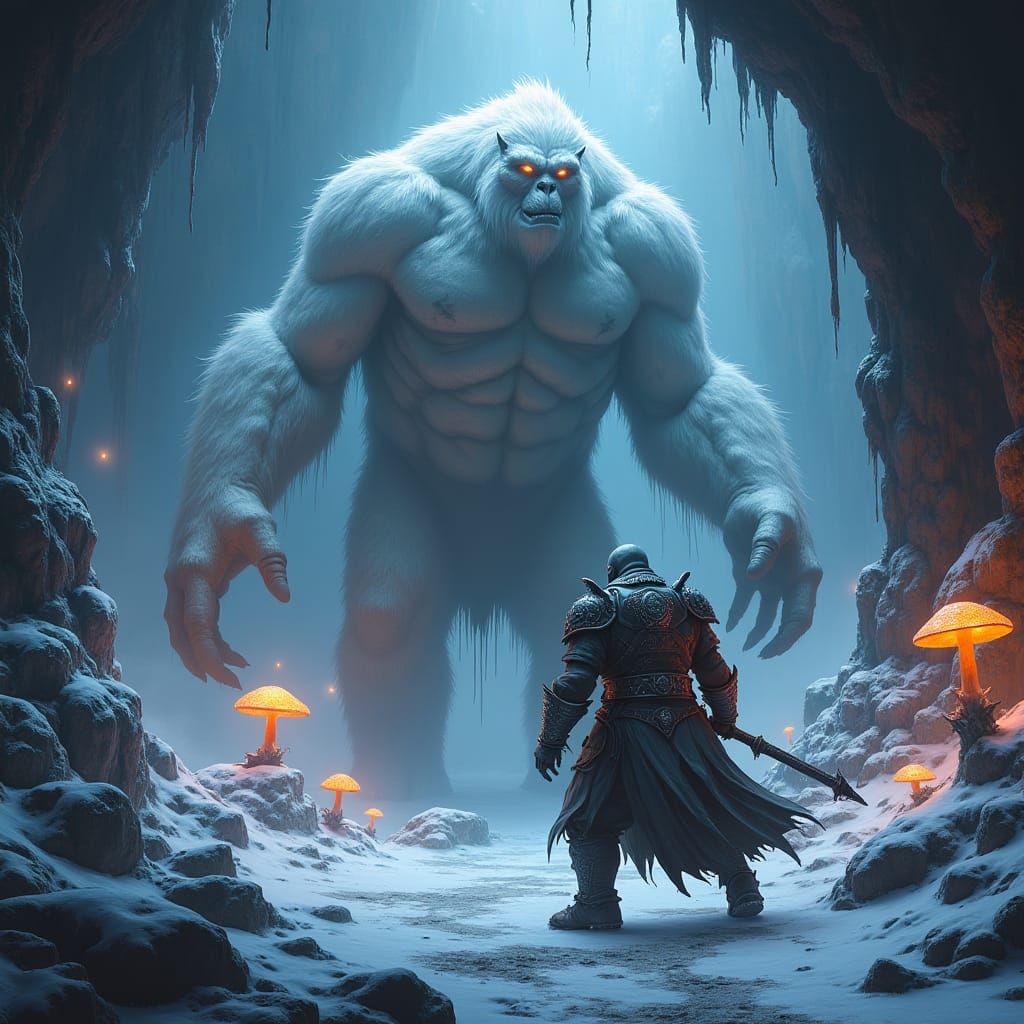 Warforged Battles Yeti in Mystical Cave