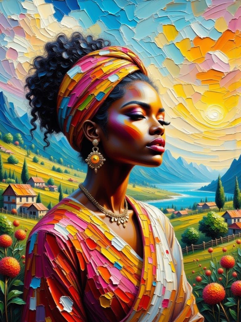 Impasto Painting of Zimbabwean Woman in Golden Hour Light