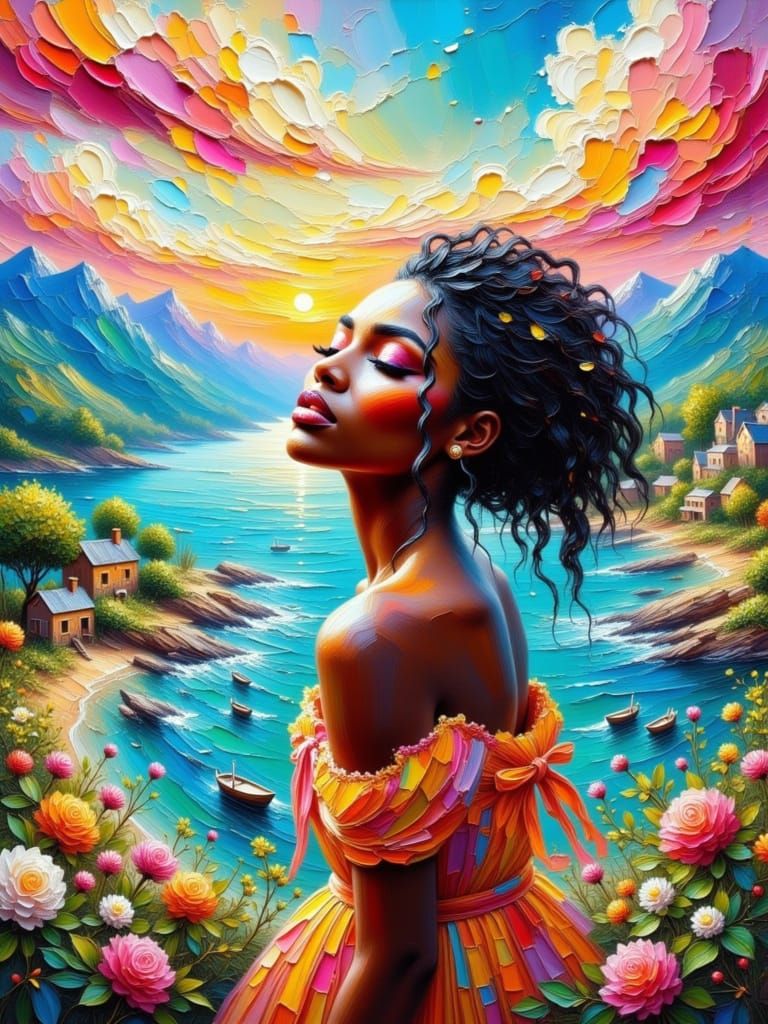 Hippy Zimbabwean Woman in Vibrant Impasto Landscape