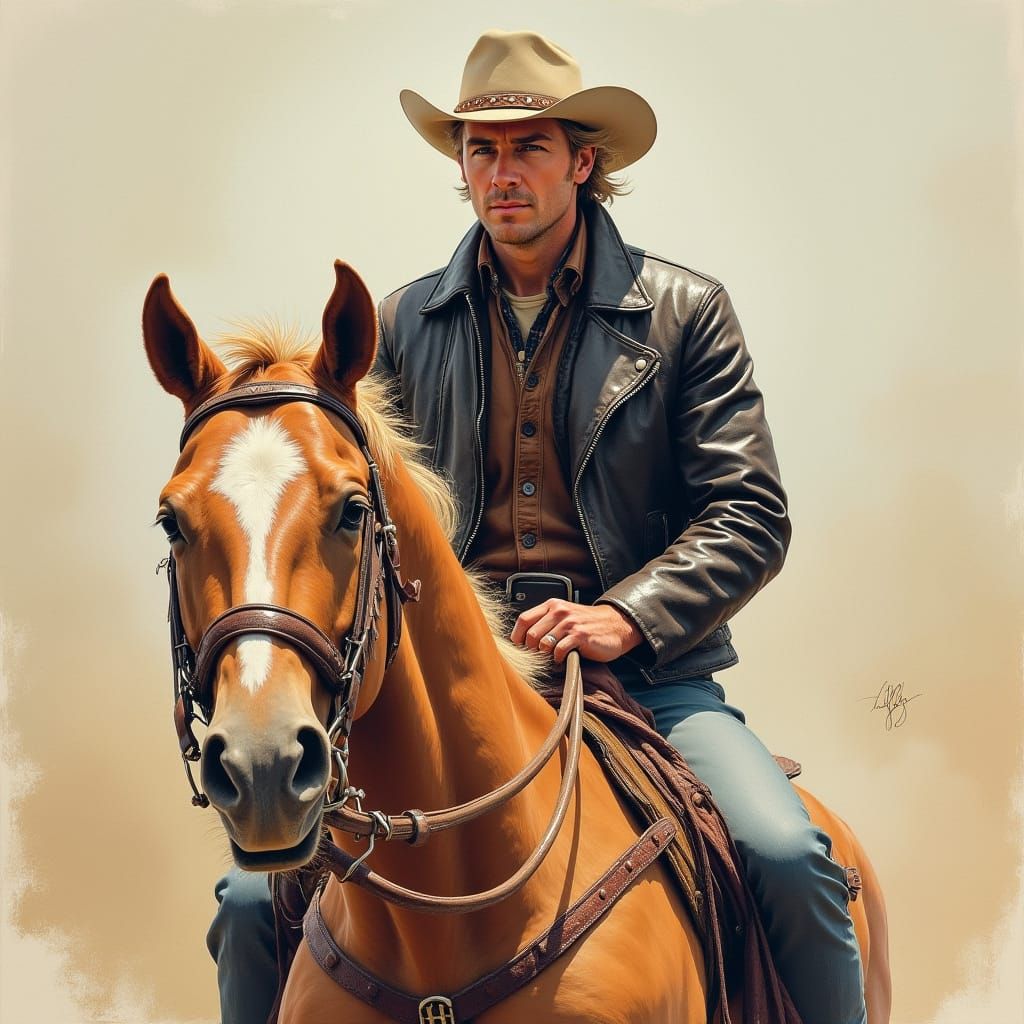 Man on Horse in Gouache and Watercolor Style