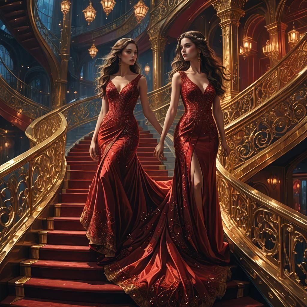 Elegant Woman in Red Dress on Cruise Ship