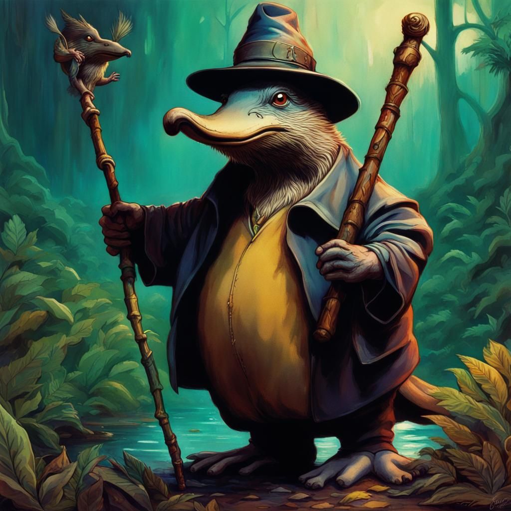 Platypus Wizard in Bush, 1980s Fantasy Movie Still
