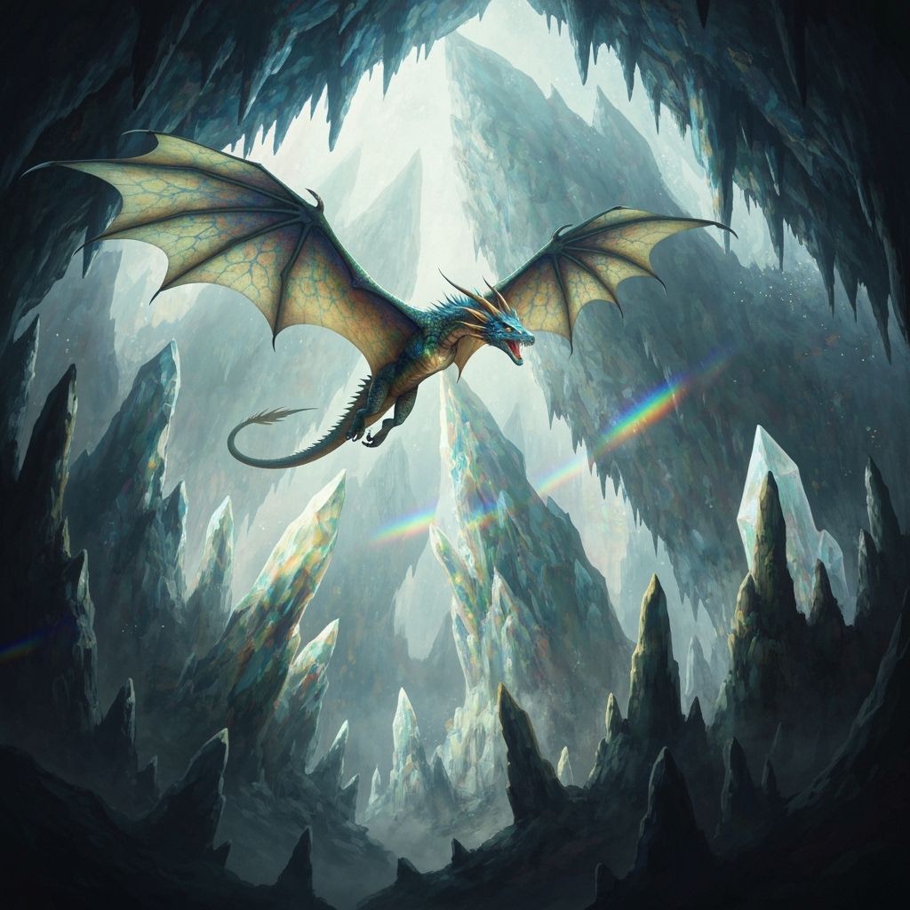 Majestic Dragon Soaring Through Luminous Crystal Cavern