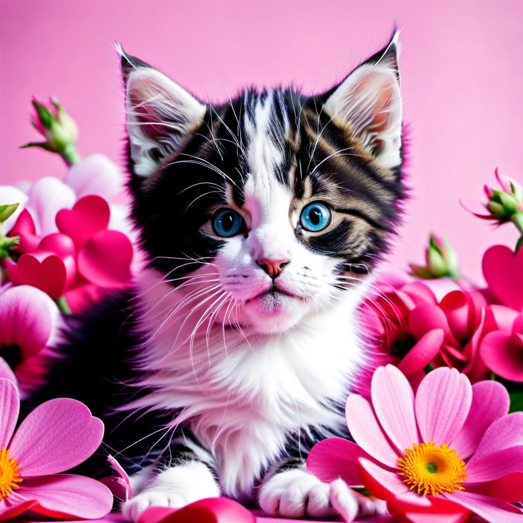 kitten surrounded by flowers