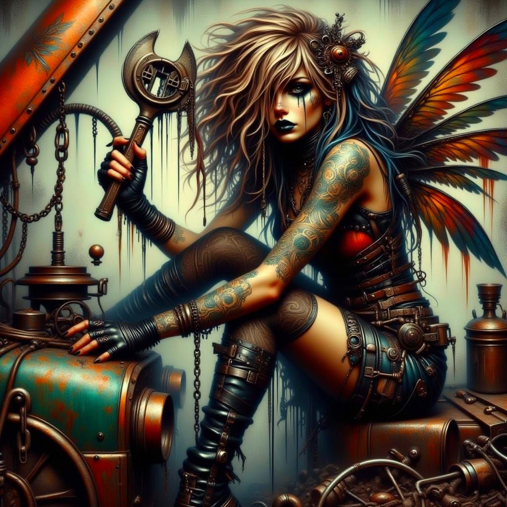 Gritty Fairy Mechanic Works on Rusty Dieselpunk Truck