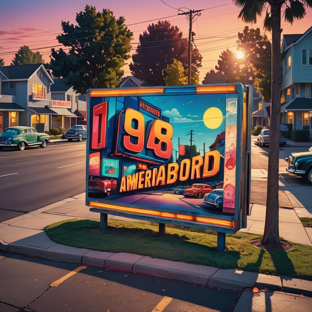 Retro-Futuristic Billboard in 1948 American Suburb