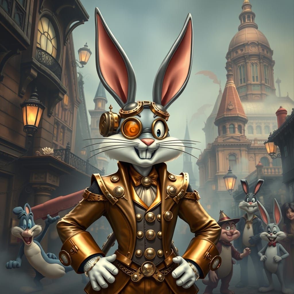 Steampunk Bugs Bunny in Victorian Cityscape
