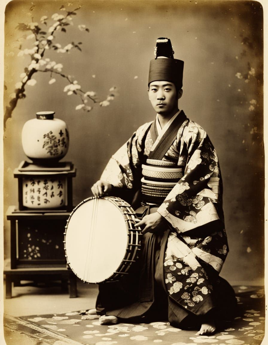 Vintage Photo of Taikomochi Courtesan with Taiko Drum