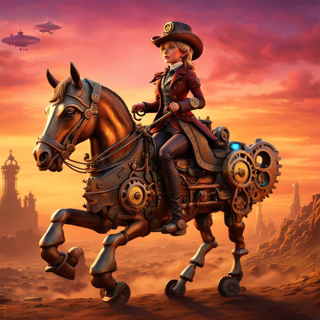 Steampunk Cowgirl Rides Mechanical Horse at Sunset