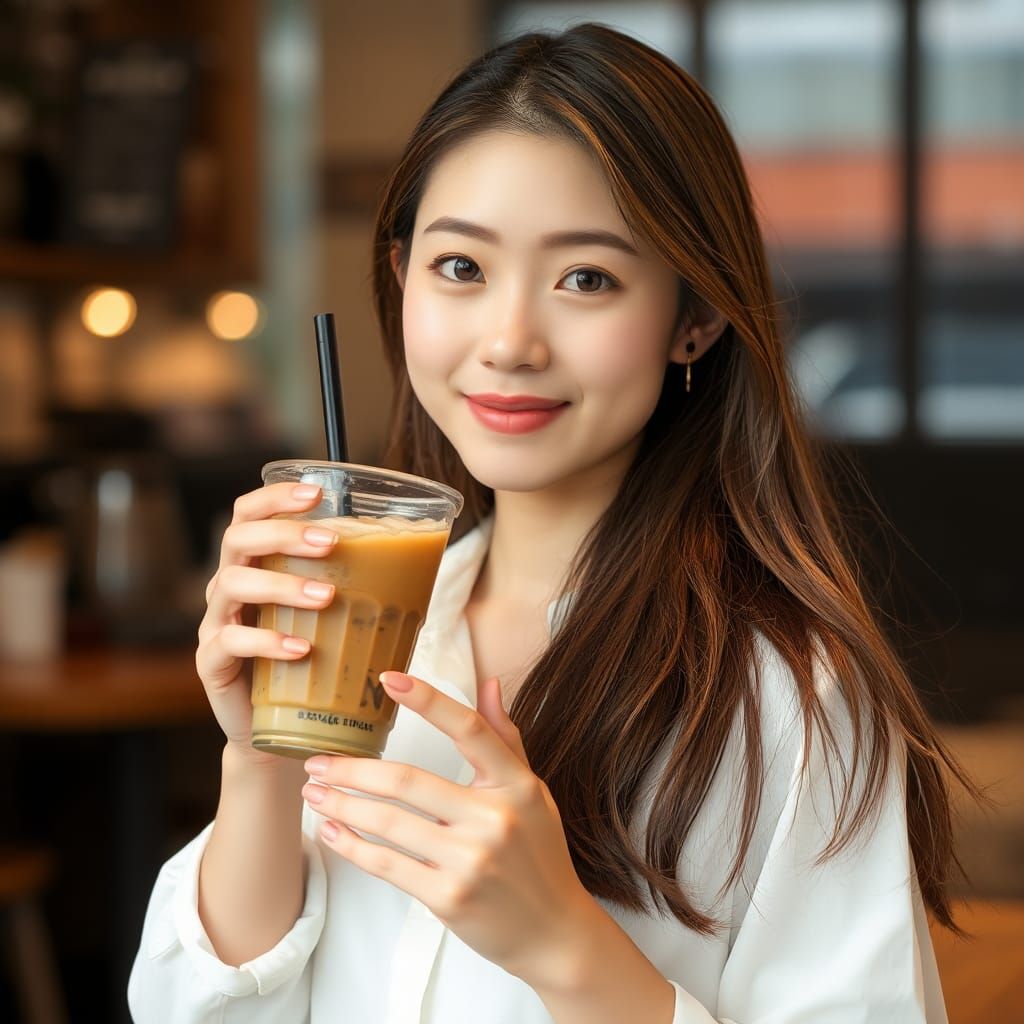 Young Woman Enjoying a Drink at a Cafe