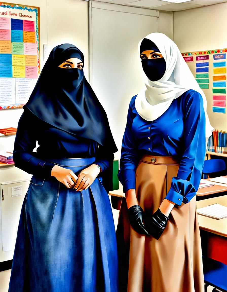 Watercolor Portrait of Niqabi Teachers in Classroom