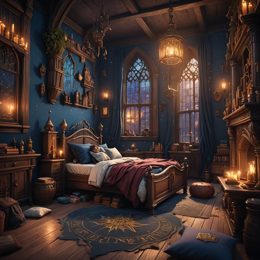 Hogwarts Bedroom Scene with Sleeping Girl