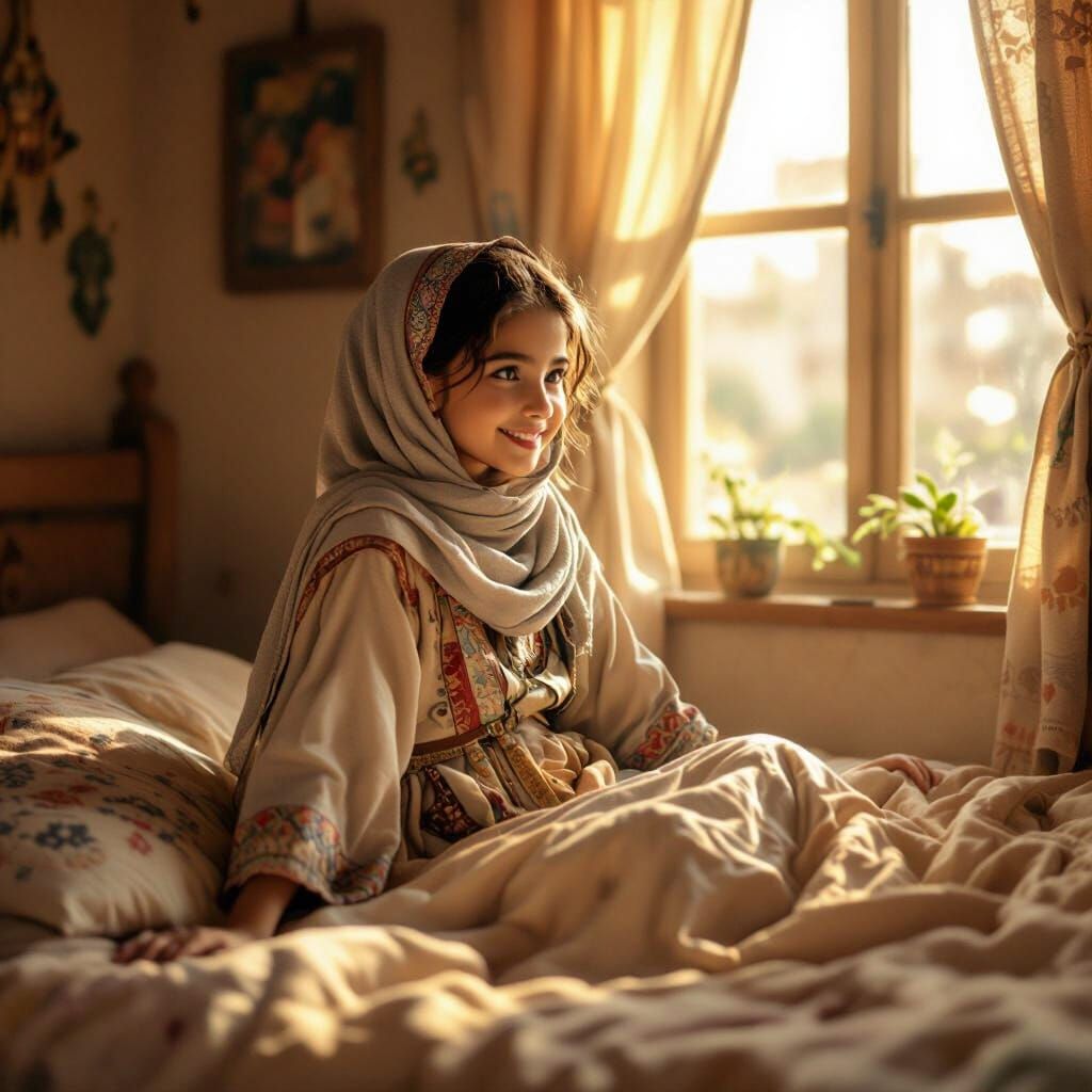 Moroccan Girl Waking Up in Cozy Bedroom