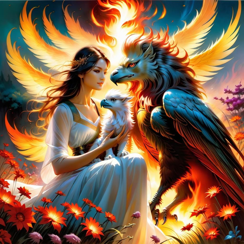 Girl and Griffin in Field of Fire Flowers