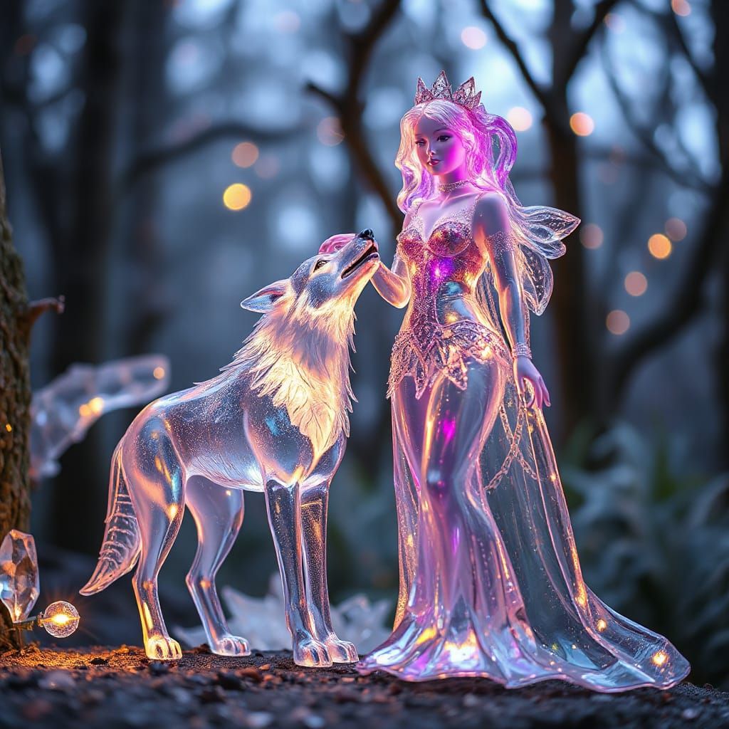 Glass Princess and Wolf in Ethereal Forest