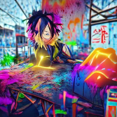 Anime Character in Neon Graffiti Steampunk Style