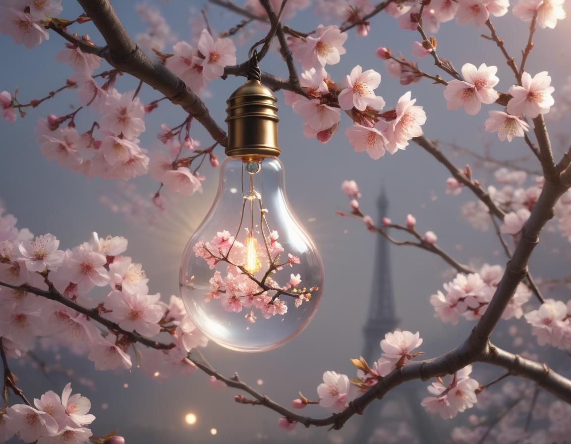 Paris in a Lightbulb: Ethereal Cherry Blossom Scene