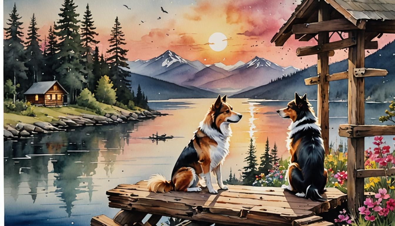 Watercolor Landscape with Woman, Dog, and Cabin