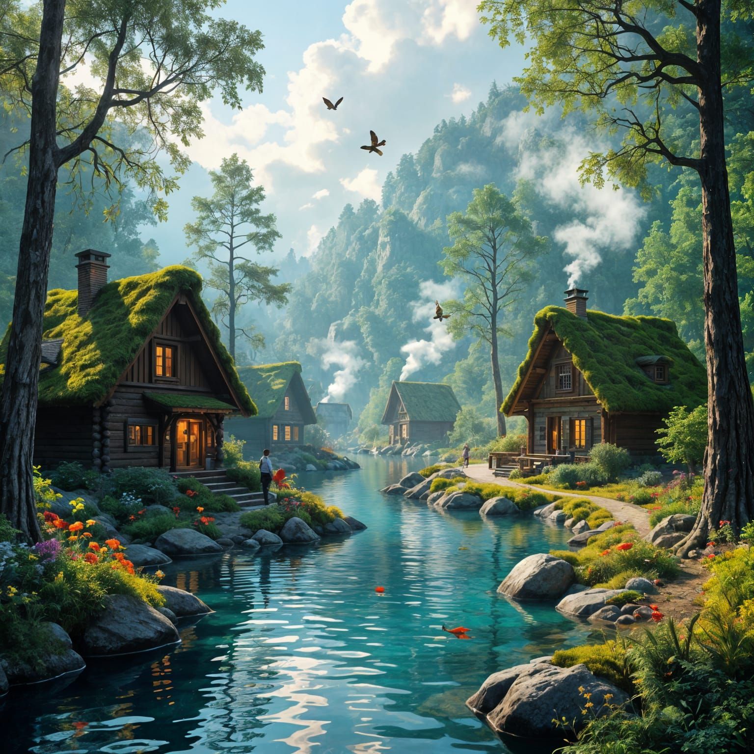 Enchanted Forest River Scene with Exotic Animals