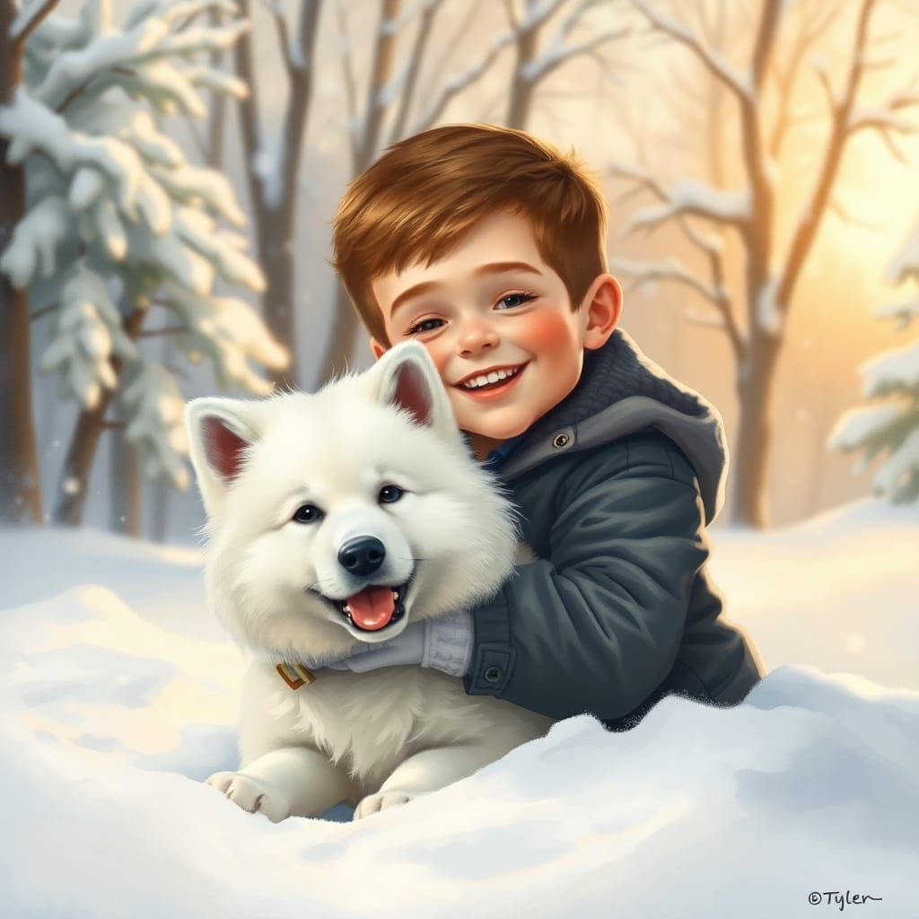 Boy and Dog Play in Winter Wonderland