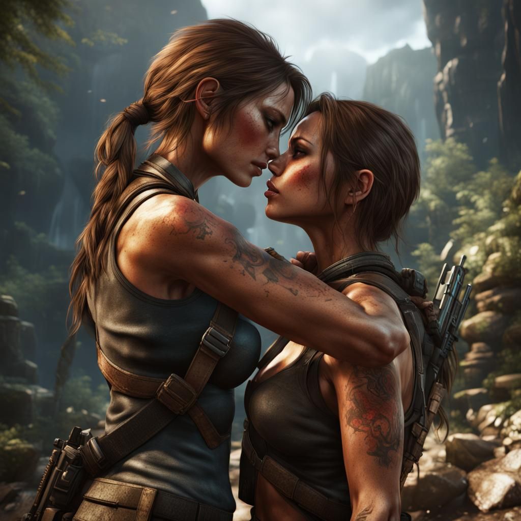 Lara Croft Kissing Girlfriend: Detailed Fantasy Art