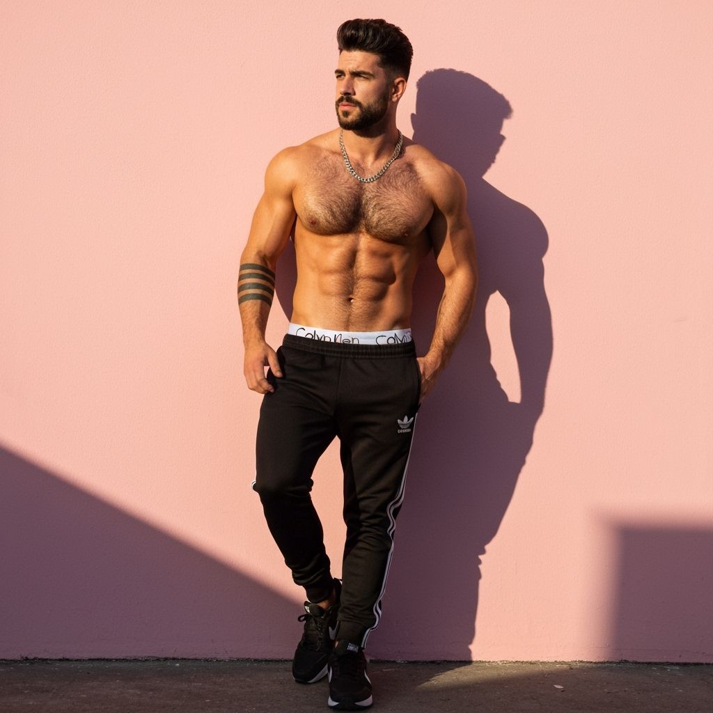 Masculine Man Leaning on Pink Wall in Golden Sunlight