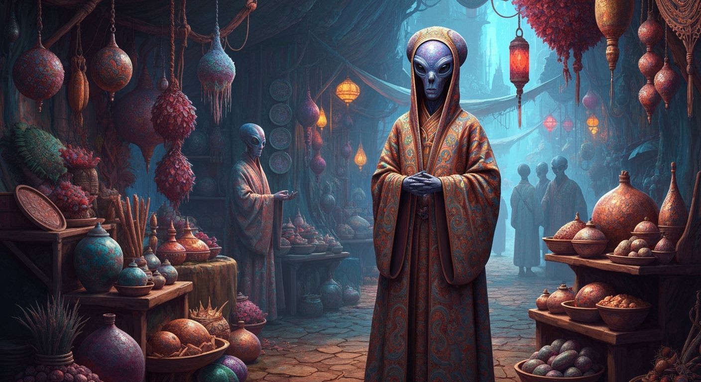 Alien Merchant in a Bustling Extraterrestrial Market