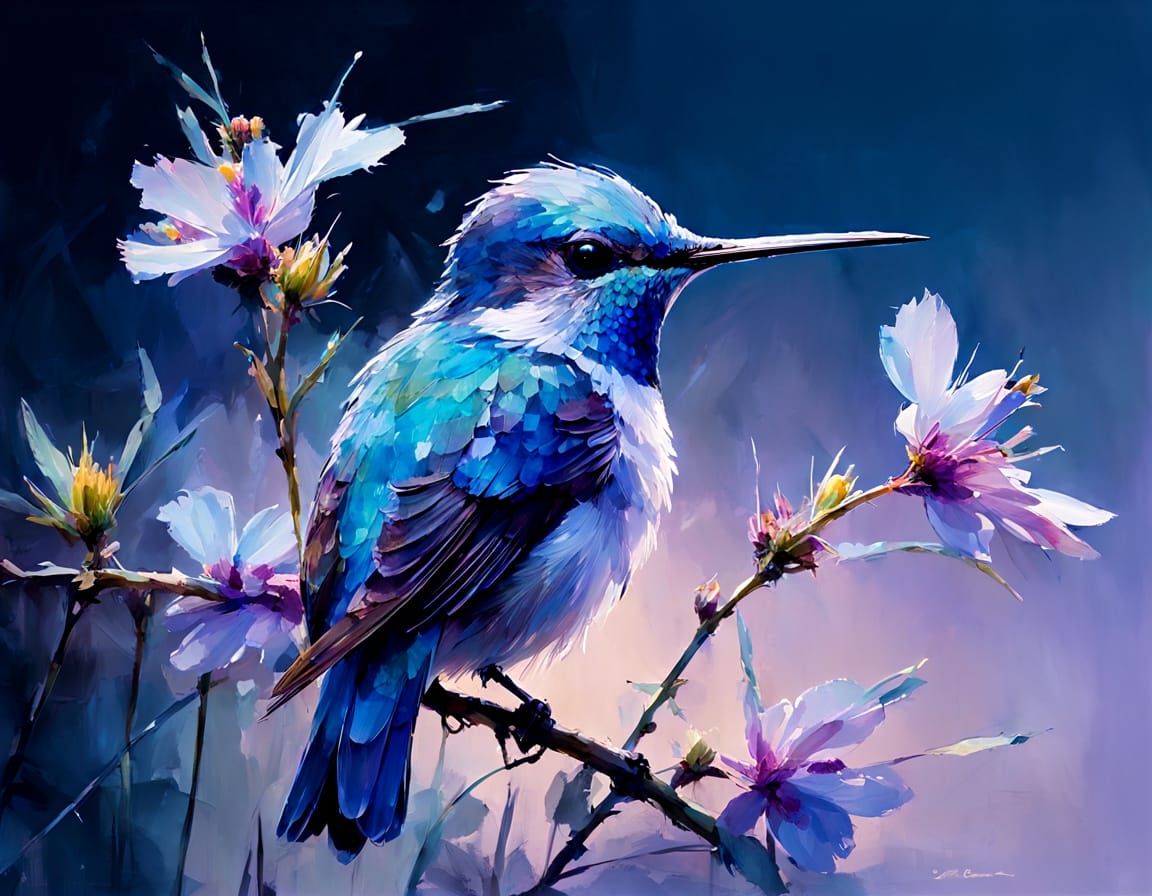 Blue Flowers and Hummingbird in Soft Light