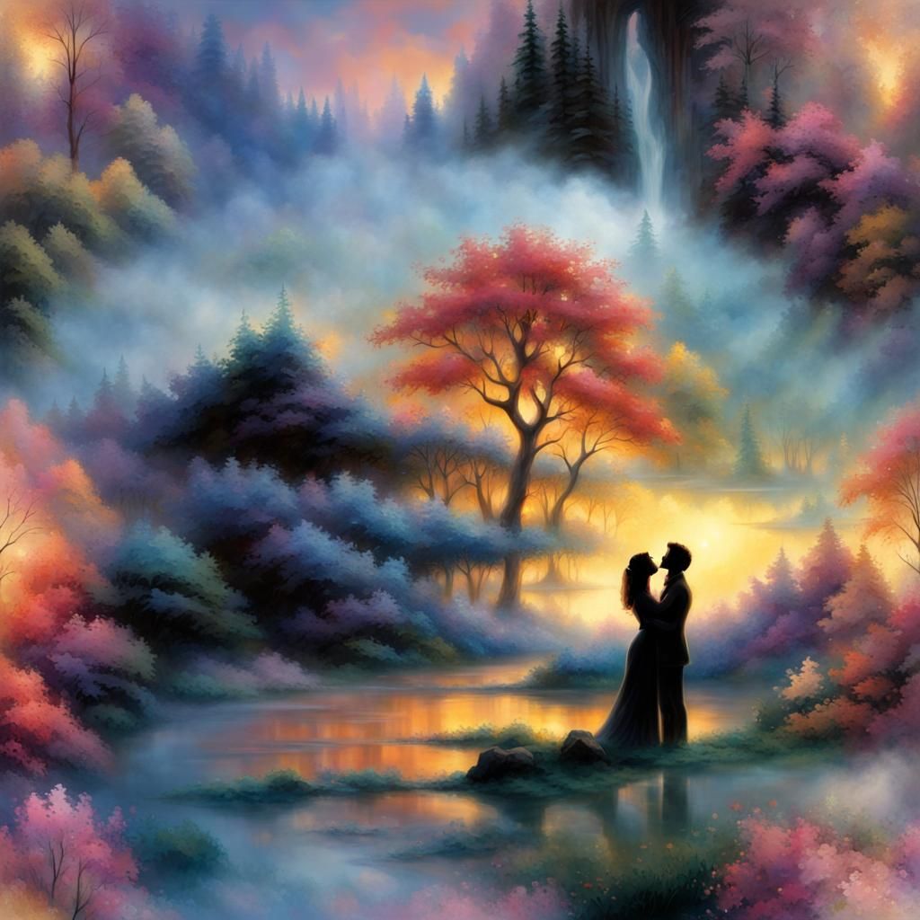 Romantic Kiss Silhouette in Ethereal Fantasy Style
