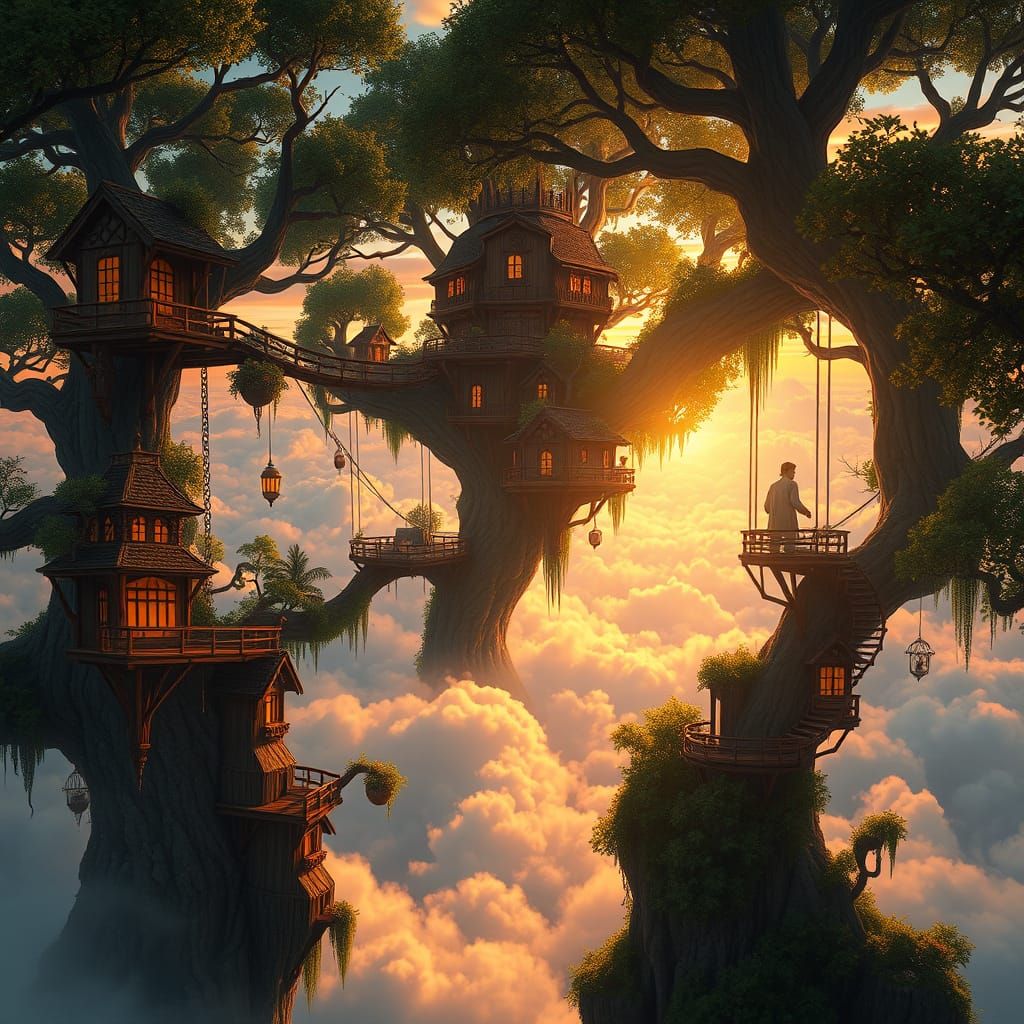 Ethereal Treehouse Metropolis at Sunset