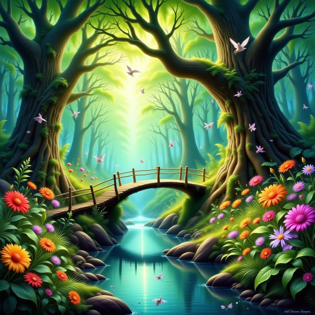 Lush Forest Landscape with Crystal Stream and Suspension Bri...