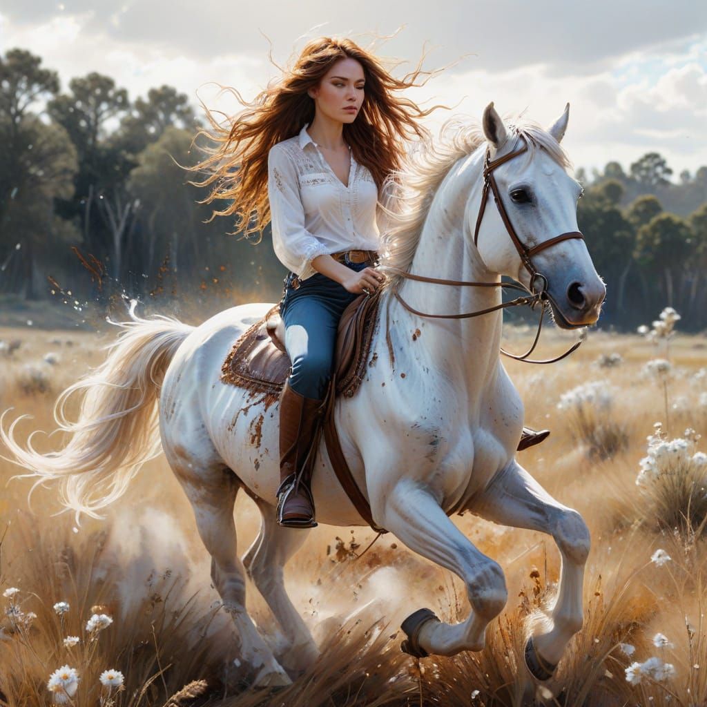 Cowgirl on White Horse in Watercolor Style