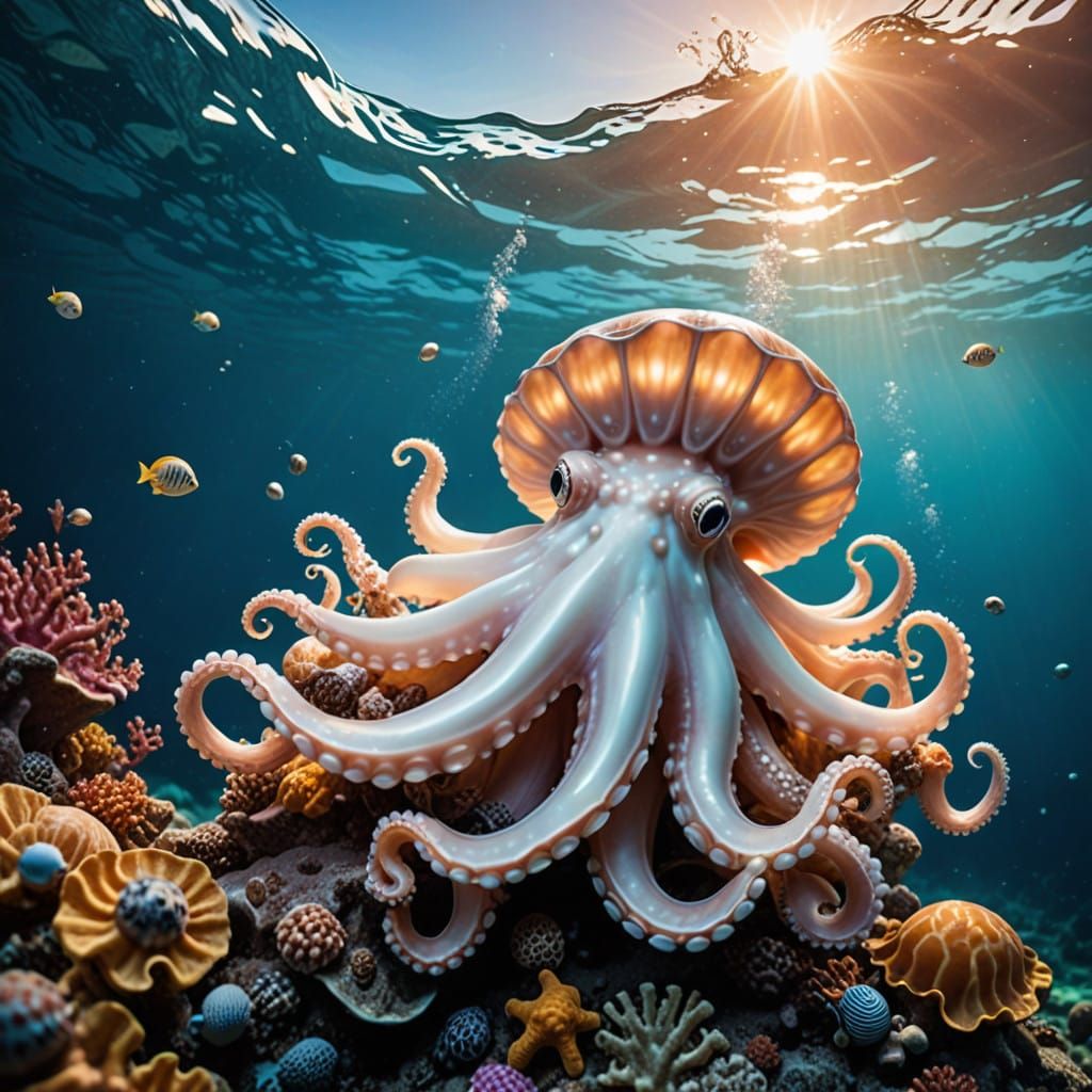 Epic Underwater Scene with Fairy Octopus and Pearl Inside Sh...