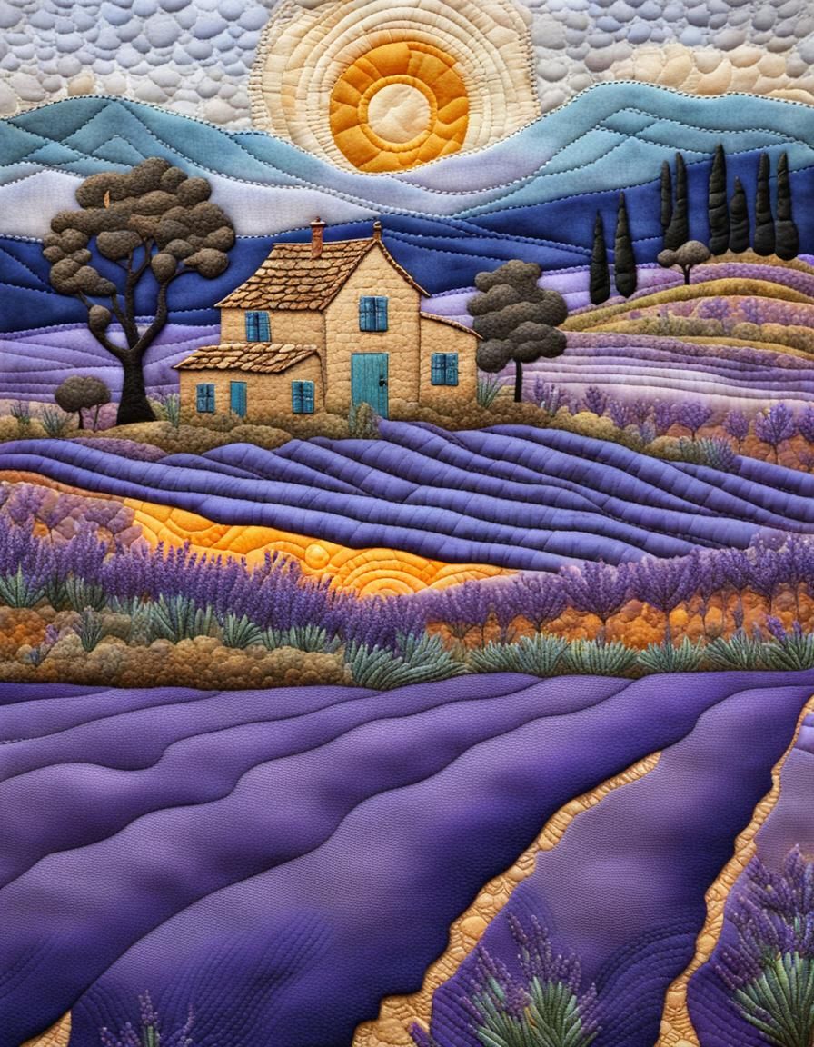 Provence Farmhouse in Lavender Fields: Mixed Media Collage